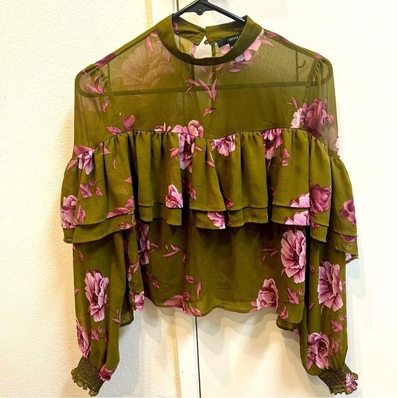 Forever 21 Green Floral Sheer Long Sleeves Ruffled Top Mock Neck Size S - Picture 4 of 13